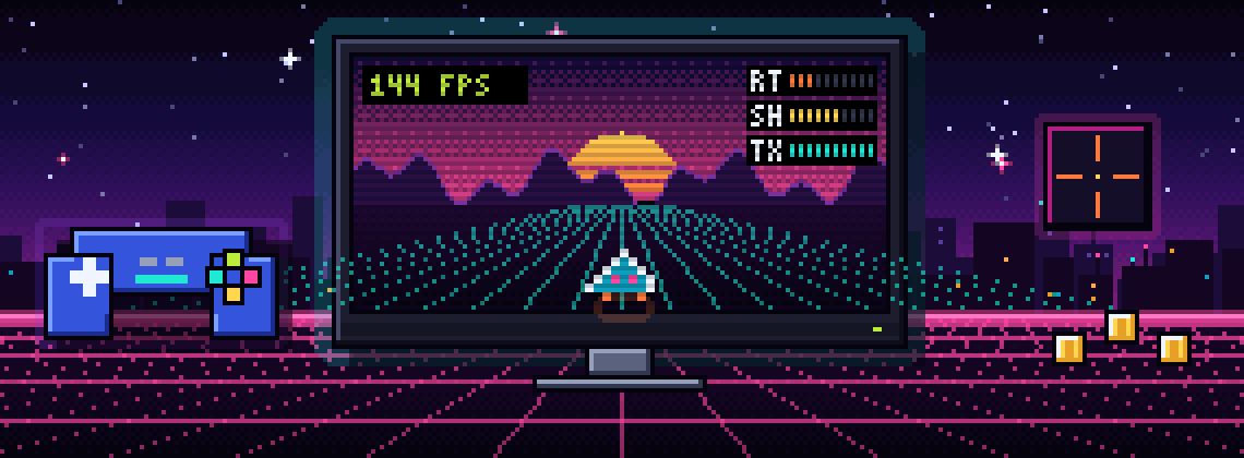 Arte em pixel synthwave: monitor com jogo, contador de 144 FPS e barras gráficas, controle e moedas