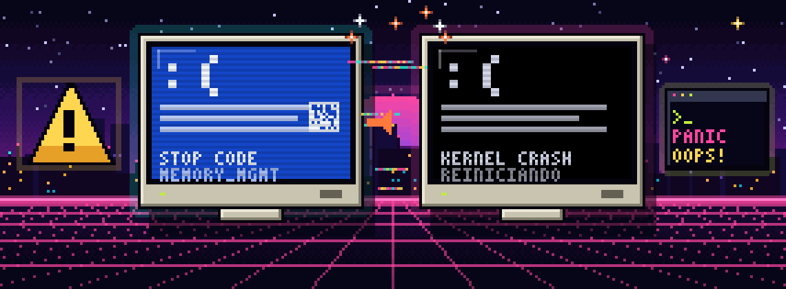 Arte em pixel synthwave: monitores com tela azul e tela preta, efeito glitch, alerta e terminal com kernel panic