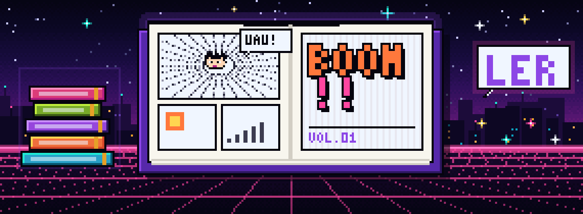 Arte em pixel synthwave: mangá aberto com cena de ação e onomatopeia BOOM, pilha de livros coloridos e balão LER