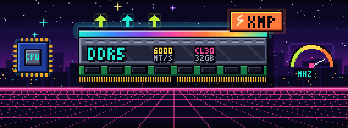 Arte em pixel synthwave: pente de memória RAM DDR5 com barra RGB, selo XMP, processador e velocímetro